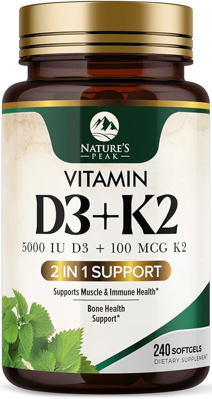 D3 K2 Vitamin - 5000 IU D3 Per Serving - High Potency Vitamin D3 Supplement - Advanced 2-in-1 Complex Vitamin D & Vitamin K2 (MK7) - Easy to Swallow, Bone & Immune Support - USA Bottled - 240 Softgels