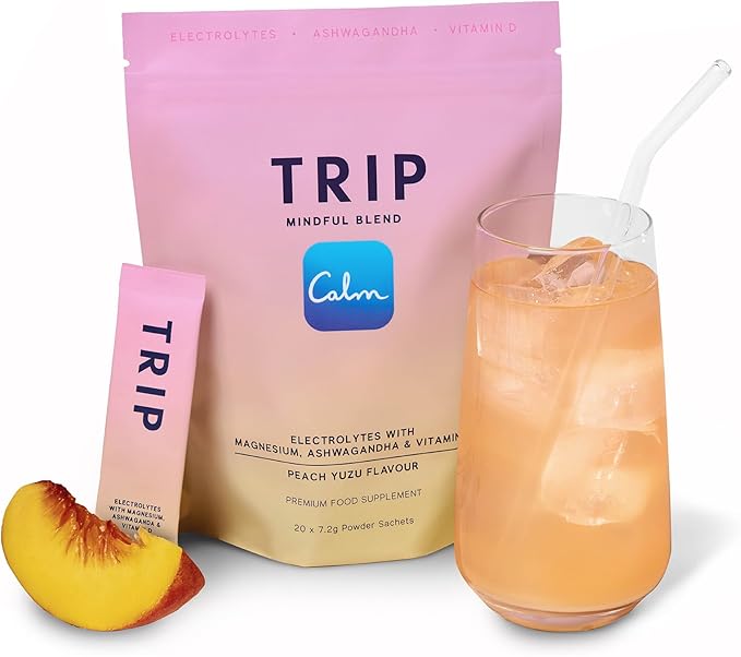 TRIP Electrolytes Powder Packets with Magnesium, Ashwagandha & Vitamin D. Peach Yuzu Daily Hydration Packets, Vegan, Electrolyte Drink Mix, Calming Hydration Powder, 20 Sachets