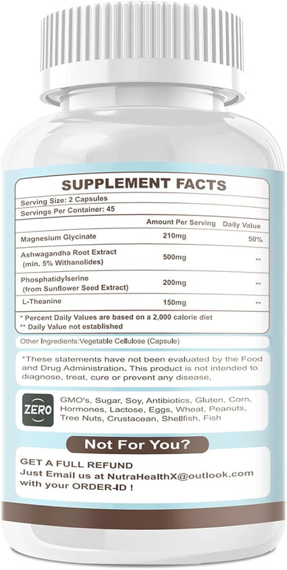 Cortisol Supplement for Women and Men, 4-in-1 Cortisol Reducer with Magnesium Glycinate, Ashwagandha, Phosphatidylserine, L-Theanine, for Relaxation & Calm Support, 90 Veg Caps