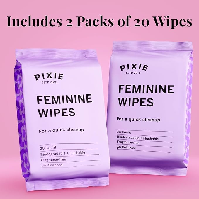 Pixie Menstrual Cup Wipes - On The Go Public Bathroom Feminine Wipes - Safe On Period Cups & Menstrual discs - Biodegradable, Flushable, Ph Balanced (20 Count (2 Pack)