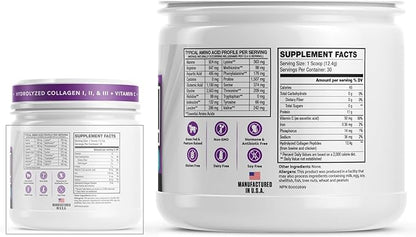 INVIGOR8 Collagen Peptides Powder Hydrolyzed with Vitamin C Type I, II, & III Unflavored Non-GMO Grass-Fed Supplement Supports Joints, Skin, Hair, Nails and Anti-Aging 12.4g