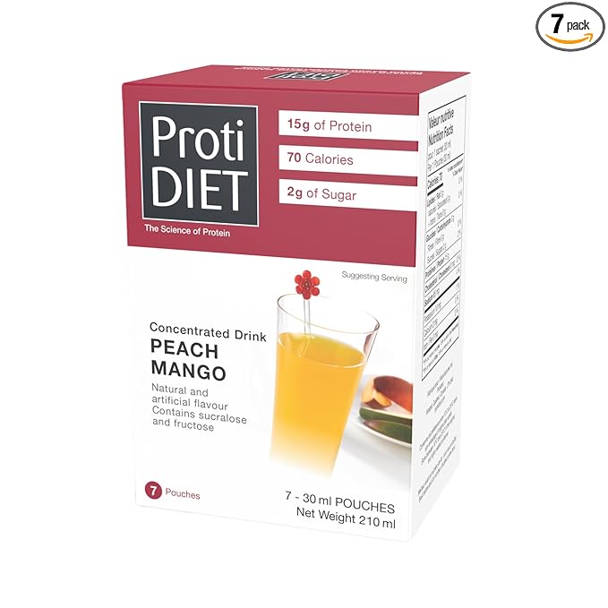 ProtiDIET Peach Mango Concentrated High Protein Drinks - Fat Free, Low Sugar Nutritional Drinks - Easy-to-Mix On-the-Go Concentrated Protein Juice - 7 Packets Per Box