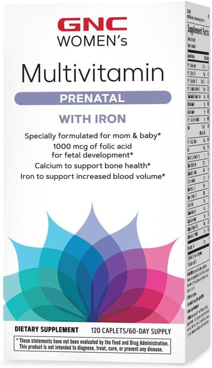 GNC Women's Prenatal Multivitamin Formula with Iron, Supports Pregnancy and Healthy Baby Development, Essential Nutrients Folic Acid, Zinc, Calcium Plus B Vitamins, 120 Caplets