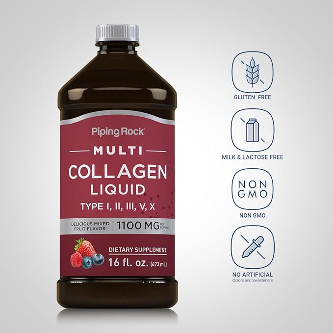 Piping Rock Liquid Collagen 16 fl oz | 1100mg | Fruit Flavor | Multi Collagen Type I, II, III, V, X | with Vitamin C | Non-GMO, Gluten Free Supplement