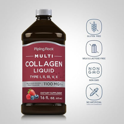 Piping Rock Liquid Collagen 16 fl oz | 1100mg | Fruit Flavor | Multi Collagen Type I, II, III, V, X | with Vitamin C | Non-GMO, Gluten Free Supplement