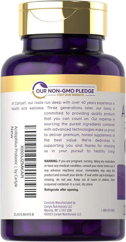 Carlyle Acidophilus Probiotic Capsules for Women and Men | 500 Million CFU | 200 Pills | Lactobacillus Supplement | Non-GMO and Gluten Free