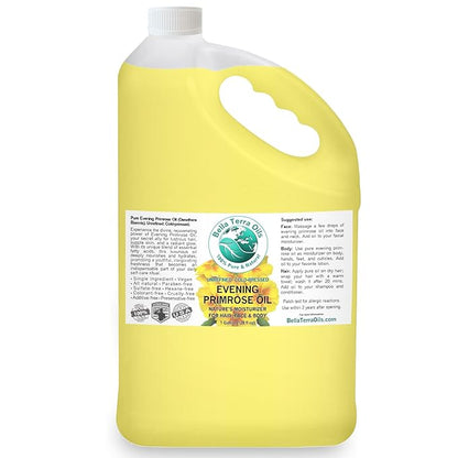 Bella Terra Oils Pure Evening Primrose Oil for Radiant Skin and Lustrous Hair – 1 gallon, Nutrient-Rich, Non-Greasy, Quick Absorb