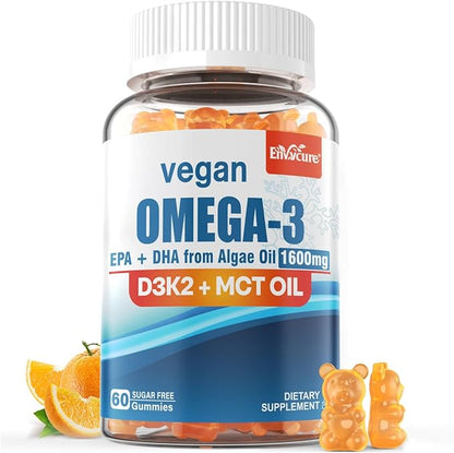 Vegan Omega 3 Gummies 1280mg + Vitamin D3 K2 (MK7), Omega 3 Fish Oil Alternative for Adults, w/Algae EPA 600mg & DHA 400mg, MCT Oil - No Fish Taste - for Brain, Eye, Immune Health, Sugar Free, 1 Pack