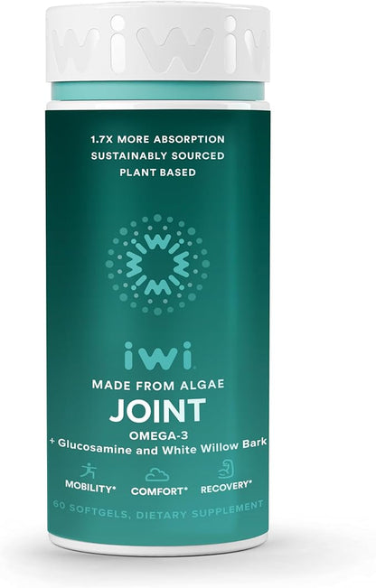 Iwi Life Joint Omega-3, 60 Softgels (30 Servings), Plant-Based Algae Omega-3 with Glucosamine, Mobility Support Dietary Supplement, Krill & Fish Oil Alternative, No Fishy Aftertaste