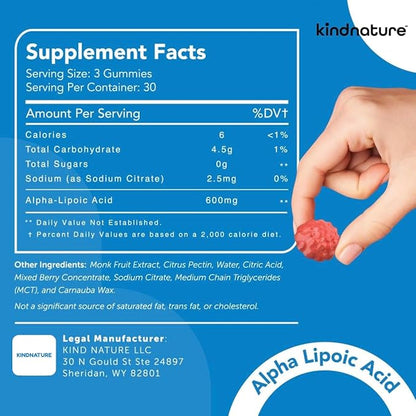 kindnature Alpha Lipoic Acid Gummies 600mg – Neuropathy Supplements – ALA for Nerve Comfort & Antioxidant Support – Sugar-Free, Vegan, Non-GMO – 90 Gummies