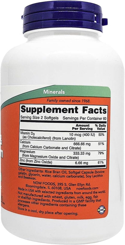 NOW Foods Supplements, Calcium & Magnesium with Vitamin D-3 and Zinc, Supports Bone Health*, 120 Softgels, (Pack of 2)