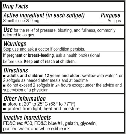 Maximum Strength Gas Relief Softgels with Simethicone 250 mg Relieve Pressure, Bloating and Painful Discomfort Compare to Gas-X and Phazyme -100 Count