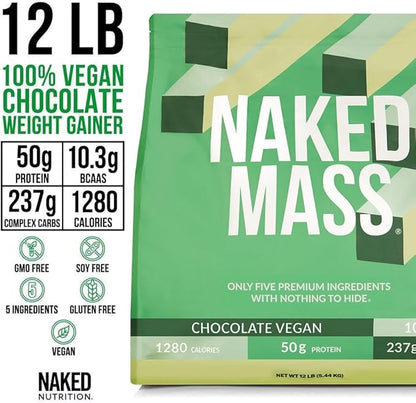 NAKED Vegan Mass - Chocolate Vegan Weight Gainer - 1,280 Calories, Non-GMO, Soy & Gluten Free, No Artificial Ingredients - 12LB Bulk - 17 Servings