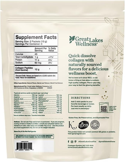Great Lakes Wellness Collagen Peptides Powder for Skin, Hair, Nails, Joints & Digestion - Variety Flavors - Quick Dissolve Hydrolyzed, Non-GMO, Kosher - 6 Sticks - Packaging May Vary (Pack of 2)