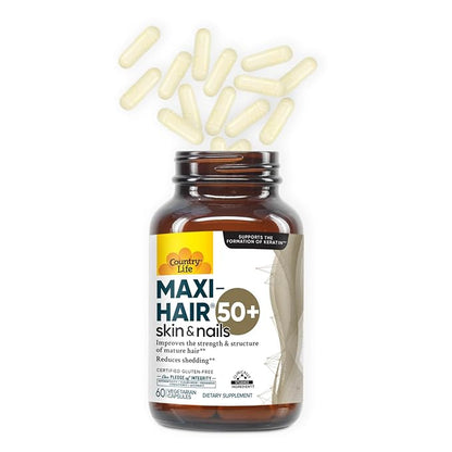 Country Life Maxi-Hair 50+ – Biotin-Based Hair, Skin & Nails Supplement for Women & Men Over 50 | Supports Healthy Hair Growth & Reduced Shedding | Certified Gluten-Free & Vegetarian | 60 Capsules