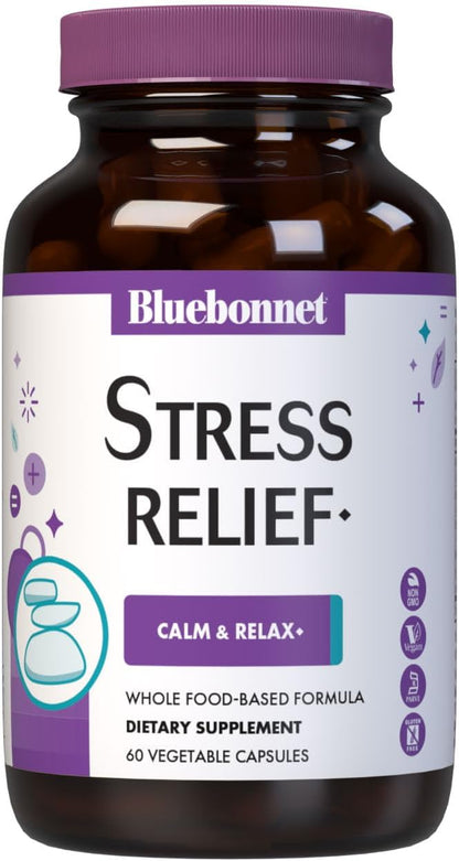 BlueBonnet Targeted Choice Stress Relief Whole Food Based Ashwagandha Extract, L-Theanine, Lemon Balm, Rhodiola Relaxing Calm Mood Supplement for Women & Men - Non-GMO, Vegan - 60 Vegetable Capsules