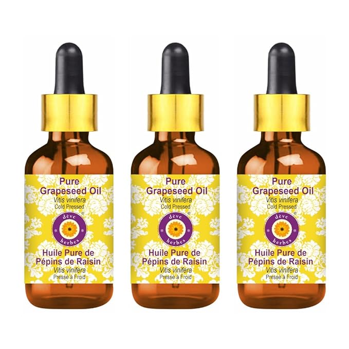 dève herbes Pure Grapeseed Oil (Vitis vinifera) with Glass Dropper Cold Pressed (Pack of Three) 100ml X 3 (10 oz)