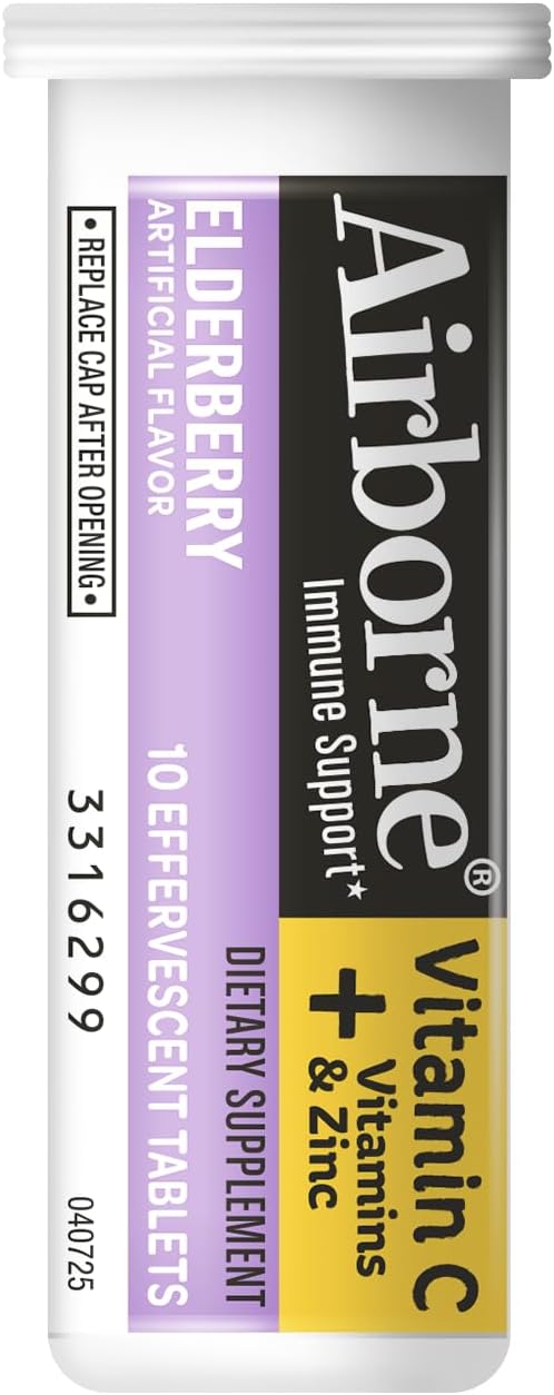 Airborne Elderberry Extract + Vitamin C 1000mg (per Serving) - Effervescent Tablets (20 Count in a Box), Gluten-Free Immune Support Supplement, with Vitamins A C E, Zinc, Selenium, Sugar Free