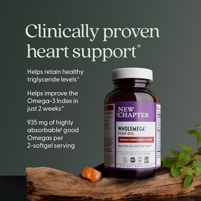 New Chapter Wholemega Fish Oil Supplement - 2000mg per Serving, Clinically Proven Wild Alaskan Salmon Oil with Omega-3 + Vitamin D3 + Astaxanthin, 180 Softgels