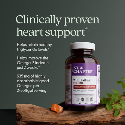 New Chapter Wholemega Fish Oil Supplement - 2000mg per Serving, Clinically Proven Wild Alaskan Salmon Oil with Omega-3 + Vitamin D3 + Astaxanthin, 60 Softgels