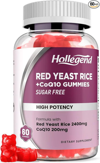 Hollgend Red Yeast Rice with Coq10 Gummies Sugar Free, Organic Red Yeast Rice 2400mg for Cholesterol Lowering Supplements, Enhanced with Coenzyme Q10 200mg for Heart Health Support, 60 Chewables