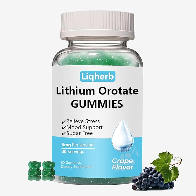 Lithium Orotate 5mg Gummies for Mood Support & Stress Management - Vegan Sugar-Free, Non-GMO, Gluten Free, Grape Flavor, 60