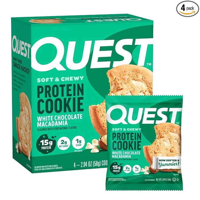 Quest Nutrition White Chocolate Macadamia Protein Cookie, 15g Protein, 1g Sugar, 2g Net Carbs, Keto Friendly, High Protein, Low Carb; 4 Count