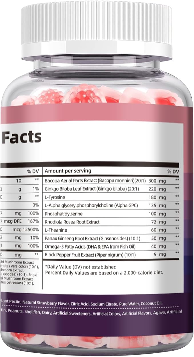Migcopat Brain Supplements for Memory & Focus – Nootropic Gummies w/Bacopa, Lion’s Mane, Ginkgo & 10-in-1 Mushroom Complex, Mental Clarity & Cognitive Support, Caffeine-Free Strawberry Flavor 60 Cts