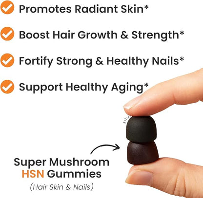 Auri Nutrition Super Mushroom HSN Gummies - Hair Skin and Nails Gummies Functional Mushrooms Supplement - with Wild Chaga, Chlorophyll, Lutein and Astaxanthin - 60 Orange Citrus Gummies