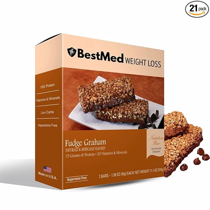 BestMed - High Protein Nutrition Bar - Low-Carb, 15g Protein, Low Sugar, Low Calorie, Meal Replacement Bar (Fudge Graham, 3 Box - 21 Count)