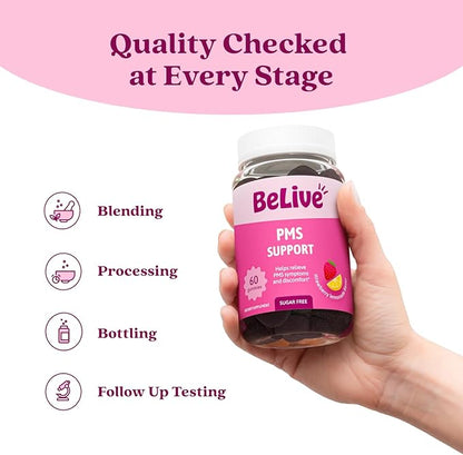 BeLive PMS Support Gummies Supplement – Helps Relieve PMS Symptoms – Hormonal Balance Mood Swings & Cramps Relief, Bloating Support – with Chaste Tree Extract - Strawberry Lemonade Flavor – 60 Count