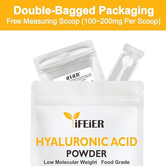 iFEiER Hyaluronic Acid Powder | Low Molecular Weight Food Grade Hyaluronic Acid | 50g(1.76oz) Sodium Hyaluronate Powder | HMW LMW HA | Skin Hydration and Joint Lubrication Supplements