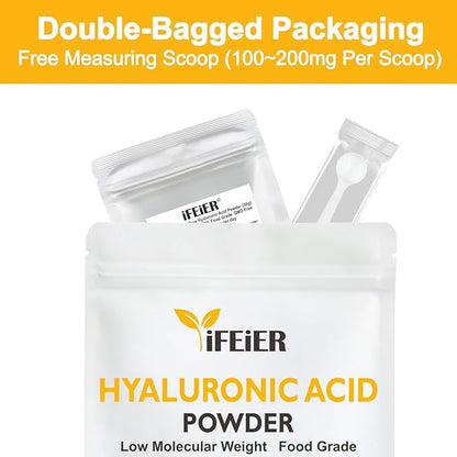 iFEiER Hyaluronic Acid Powder | Low Molecular Weight Food Grade Hyaluronic Acid | 50g(1.76oz) Sodium Hyaluronate Powder | HMW LMW HA | Skin Hydration and Joint Lubrication Supplements