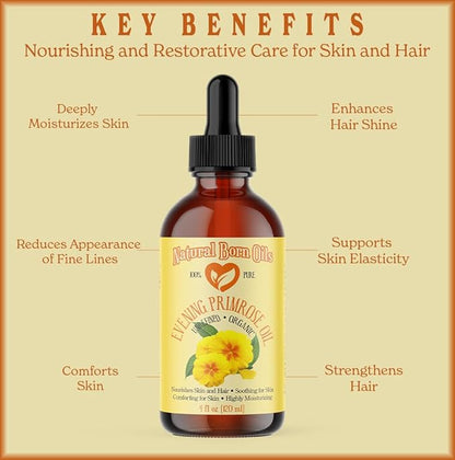 Natural Born Oils 4oz Evening Primrose Oil, 100% Pure and Natural, Organic, Cold-pressed, Unrefined, Moisturizing, Includes Pump & Dropper