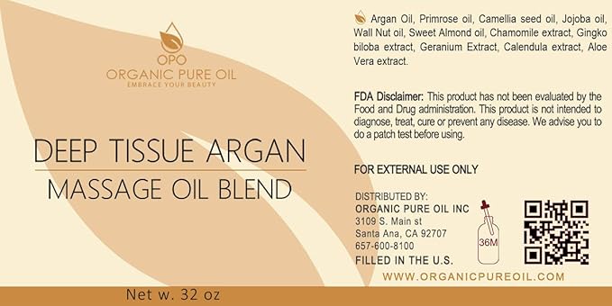 Deep Tissue Argan Massage Oil Blend - Natural, Non-GMO, Evening Primrose, Camellia, Walnut Oil & More - 32 oz - Soothing, Deep Tissue, Muscles, Relaxation - Packaging May Vary