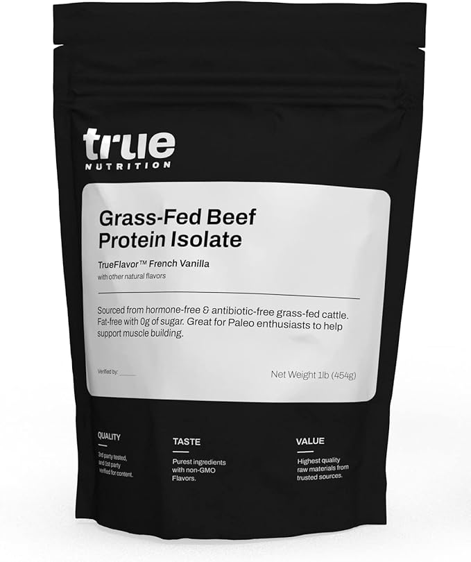 True Nutrition Grass Fed Beef Protein Isolate Powder - 29g Protein per Serving - Zero Carb, Fat Free, Dairy Free, Non-GMO - Paleo, Keto, Carnivore - French Vanilla - 1lb