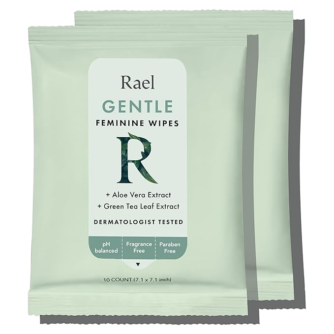 Rael Feminine Wipes, Flushable, Travel Size, All Skin Types, Daily Use (Gentle, 10 Count Pack of 2)