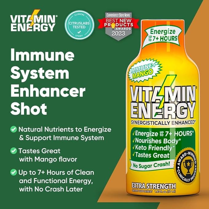 Vitamin Energy Immune+ Extra Strength Energy Shot Mango 24 Pack, 260mg Natural Caffeine, B-Vitamins, Citicoline, Green Tea, Immunity & Focus Support, Zero Sugar, Gluten-Free 1.93 fl oz