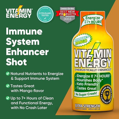 Vitamin Energy Immune+ Extra Strength Energy Shot Mango 12 Pack, 260mg Natural Caffeine, B-Vitamins, Citicoline, Green Tea, Immunity & Focus Support, Zero Sugar, Gluten-Free 1.93 fl oz