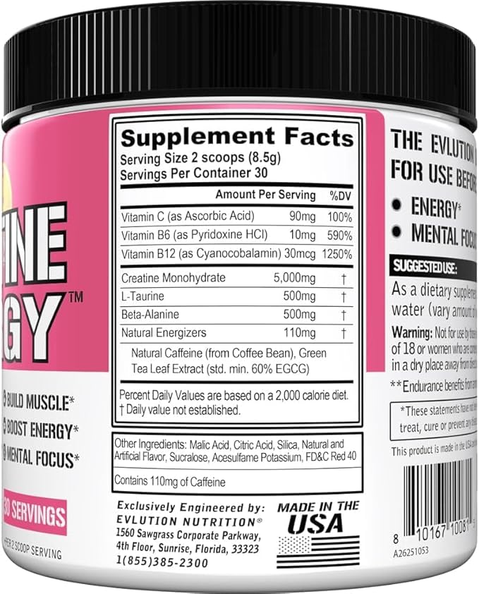Evlution Nutrition Creatine Energy - Supports Muscle Growth, Boosts Energy, Endurance & Cognition - 5g Pure Creatine Monohydrate Per Serving - B + C Vitamin Complex - 30 Servings - Pink Lemonade