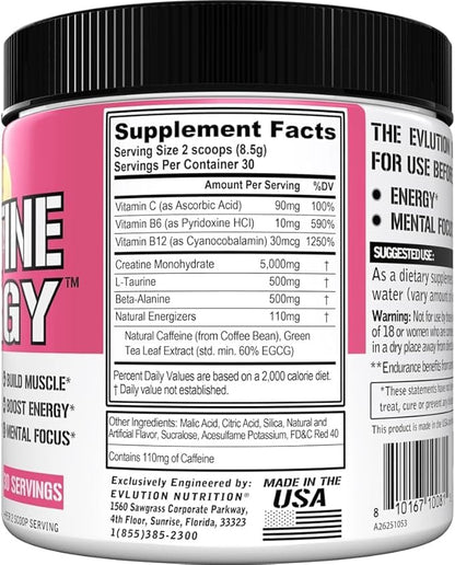 Evlution Nutrition Creatine Energy - Supports Muscle Growth, Boosts Energy, Endurance & Cognition - 5g Pure Creatine Monohydrate Per Serving - B + C Vitamin Complex - 30 Servings - Pink Lemonade