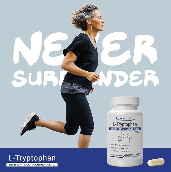 Superior Labs L-Tryptophan 500 mg Capsules, Pure Non-GMO Amino Acid, High Absorption, Supports Sleep and Mood, Helps with Occasional Stress, PMS Support, 120 Veg Caps