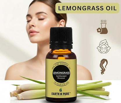Earth N Pure Lemongrass Essential Oil | Steam Distilled | for Home Diffuser, Skin & Hair Care | with Glass Dropper - 50 ML