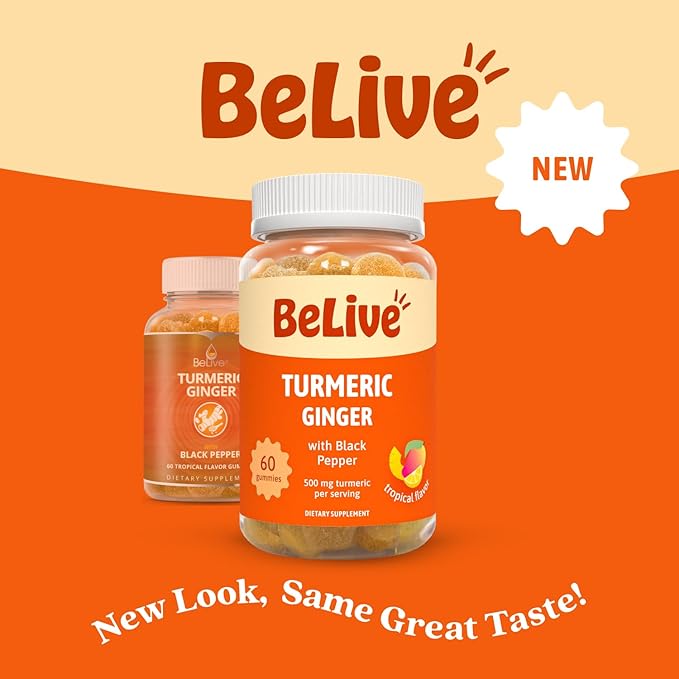 BeLive Turmeric and Ginger Gummies - 500mg - Joint and Mobility Support Supplement - Curcumin with Black Pepper for Enhanced Absorption - Tropical Flavor - 2 Pack, 120 Count