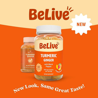BeLive Turmeric and Ginger Gummies - 500mg - Joint and Mobility Support Supplement - Curcumin with Black Pepper for Enhanced Absorption - Gluten Free and Vegan - Tropical Flavor - 60 Count