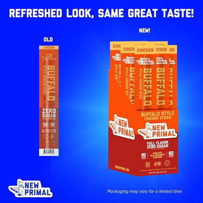New Primal Buffalo Chicken Sticks, Keto, Gluten Free Healthy Snacks, Sugar Free Low Carb High Protein, Jerky Meat Stick, 9g Protein, 5 Pack