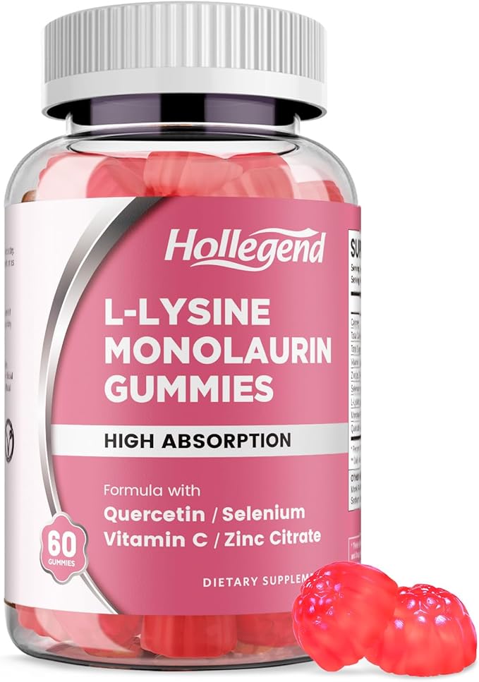 L-Lysine Monolaurin Gummies, Monolaurin and Lysine 1000mg Supplement for Adults & Kids, with Vitamin C, Zinc, Selenium & Quercetin, Immune & Overall support, Oral & Lip Health, Peach Flavor, 60 Ct