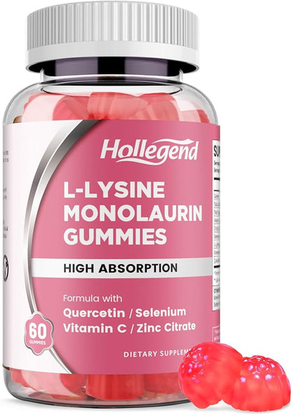 L-Lysine Monolaurin Gummies, Monolaurin and Lysine 1000mg Supplement for Adults & Kids, with Vitamin C, Zinc, Selenium & Quercetin, Immune & Overall support, Oral & Lip Health, Peach Flavor, 60 Ct