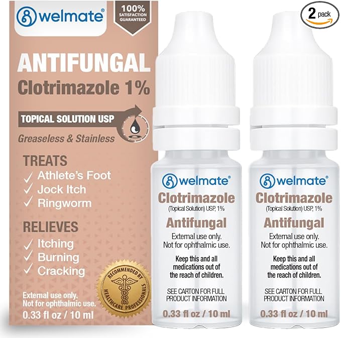 WELMATE Clotrimazole 1% Antifungal Topical Solution, 2 Pack 0.33 fl oz Each - Athlete's Foot, Jock Itch, Ringworm Treatment, Greaseless Non-Staining, Relieves Itchy Cracked Skin