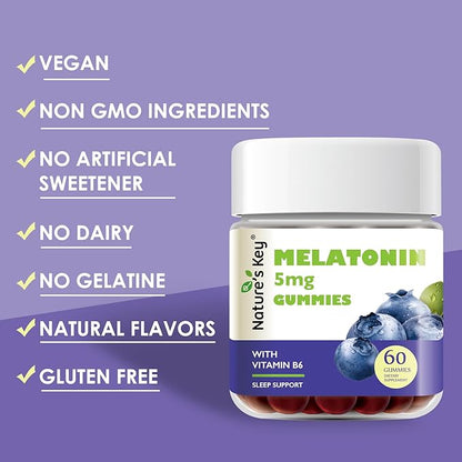 Nature's Key Melatonin Gummies for Kids & Adults, 5mg Dose Gummy with Vitamin B6, Non-GMO,Gluten-Free-Natural Blueberry Flavor 60 Count